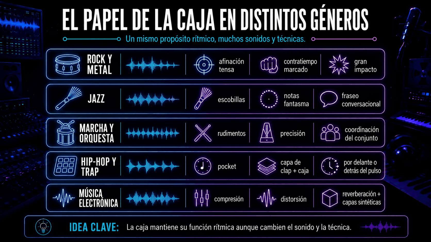 Infografía que muestra el papel de la caja en el rock, jazz, música orquestal, hip-hop, trap y producción electrónica.