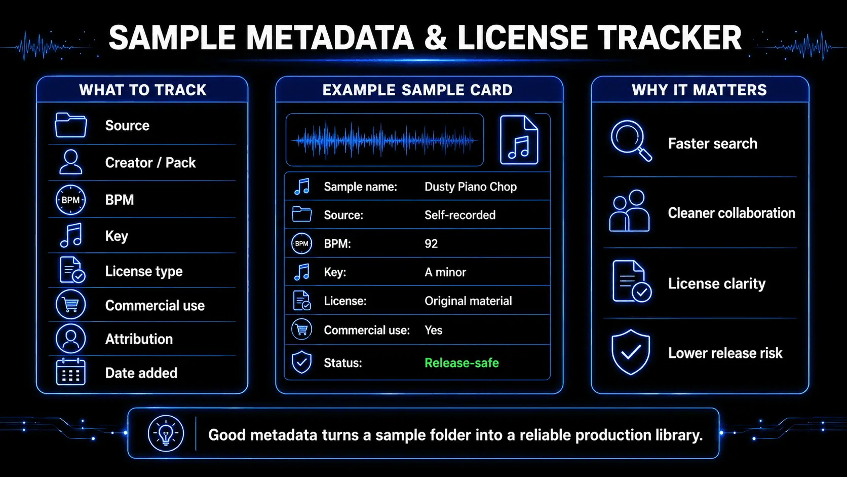 Infographic showing a sample metadata and license tracker with source, creator, BPM, key, license type, commercial use, attribution, date added, and release-safe status.