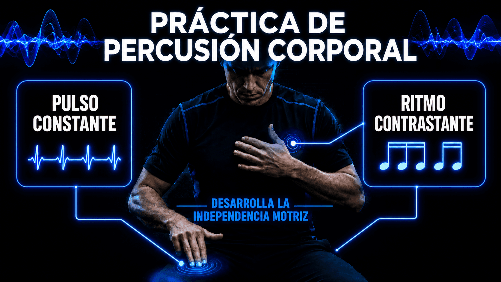 Músico practicando percusión corporal con una mano manteniendo negras y la otra realizando un patrón rítmico contrastante.
