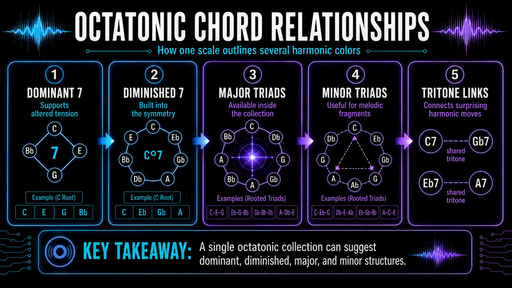 Infographic illustrating dominant seventh, diminished seventh, major triad, minor triad, and tritone relationships within the octatonic scale.
