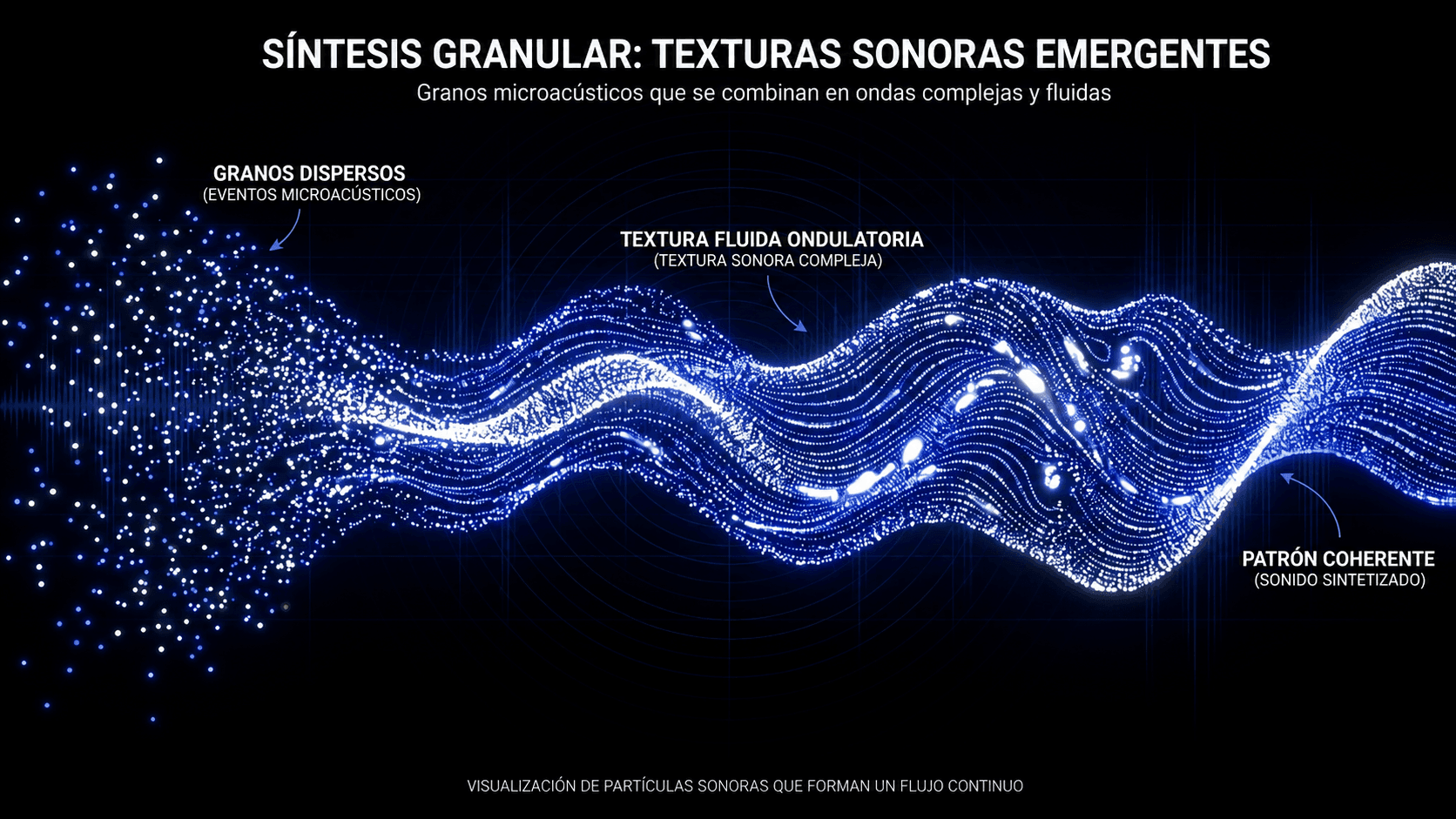 Visualización de granos de audio dispersos que se combinan en una textura coherente similar a una onda a través de la síntesis granular.