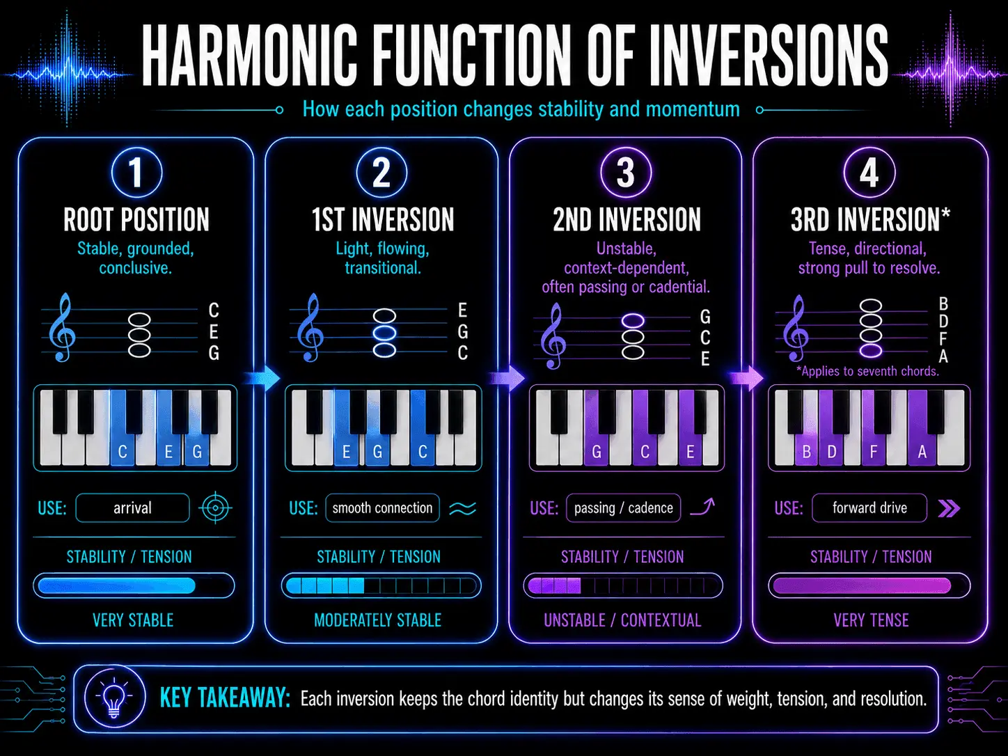 Harmonic functions of root position and first, second, and third inversions compared by stability, tension, and common use.
