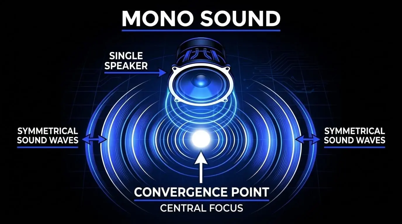 Infographic explaining mono sound with a single speaker, symmetrical sound waves, and a central convergence point.