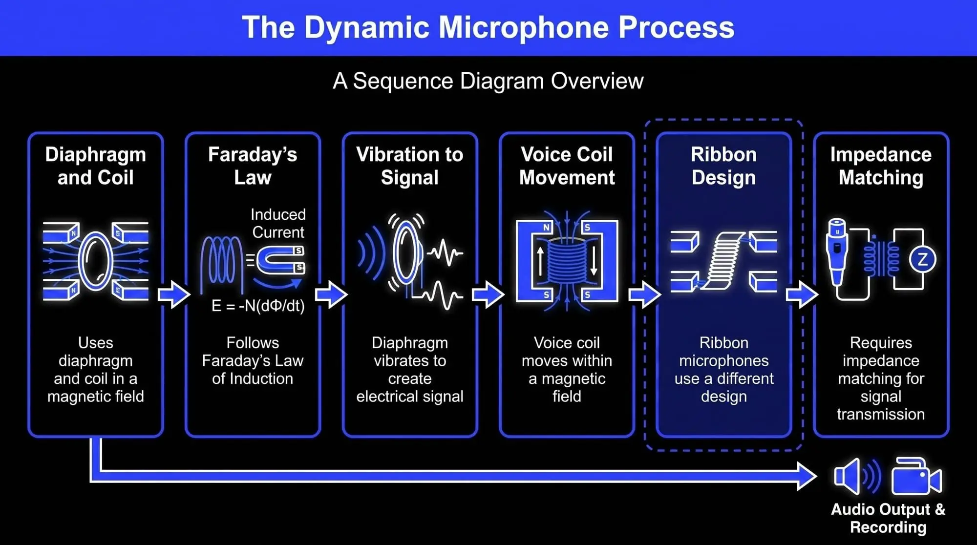 Sequence diagram explaining the dynamic microphone process, from diaphragm and coil movement to Faraday’s Law, impedance matching, and audio output