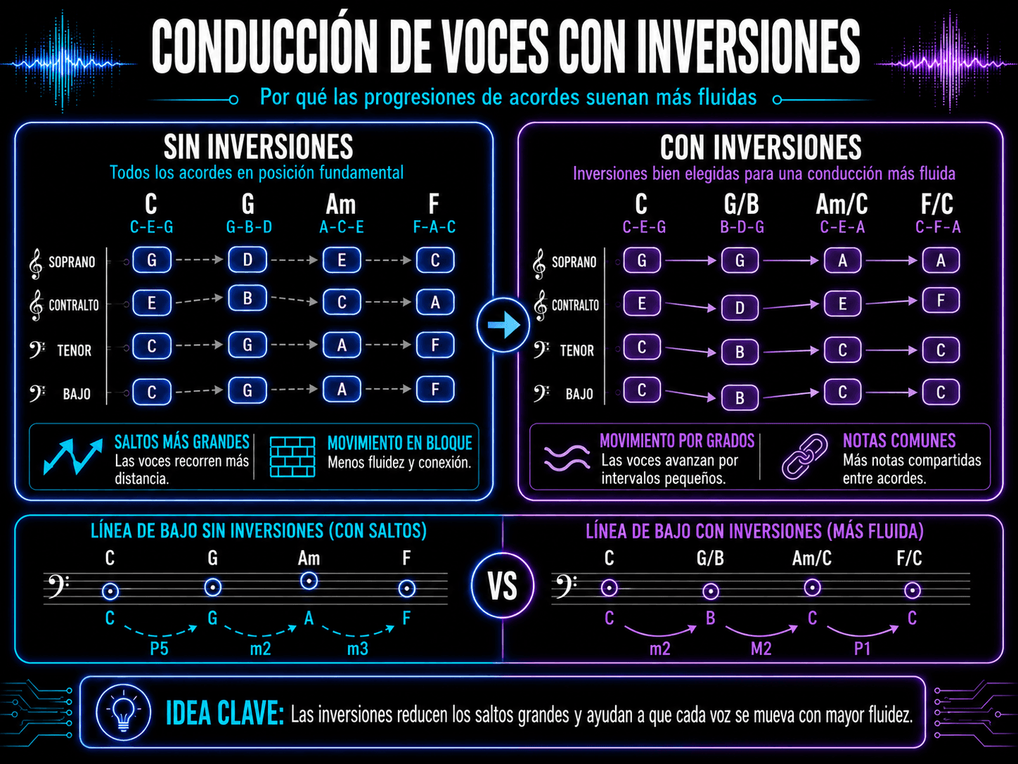 Comparación de conducción de voces mostrando una progresión con acordes en posición fundamental versus inversiones que usan movimientos más pequeños y tonos compartidos.