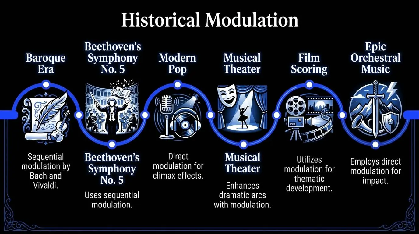 Infographic showing historical uses of music modulation, including Baroque sequential modulation, Beethoven’s Symphony No. 5, modern pop, musical theater, film scoring, and epic orchestral music.