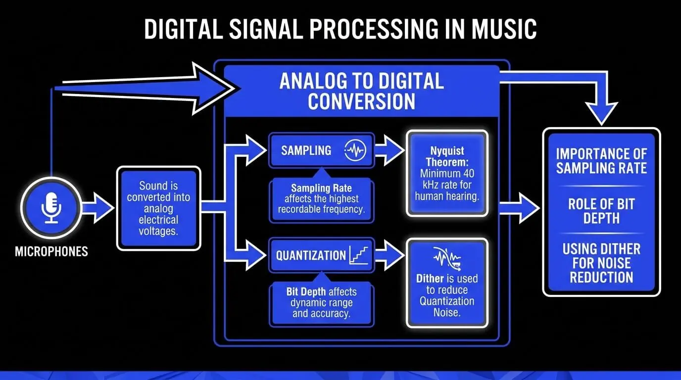 Infographic explaining analog to digital conversion in music production, including microphones, sampling rate, Nyquist theorem, quantization, bit depth, and dither.