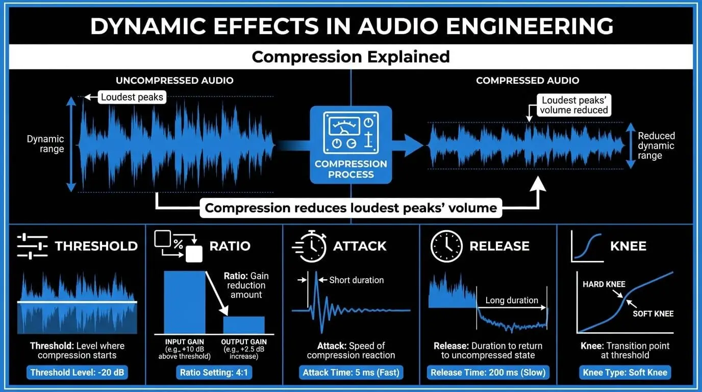 Infographic explaining audio compression with uncompressed and compressed waveforms, plus threshold, ratio, attack, release, and knee settings.