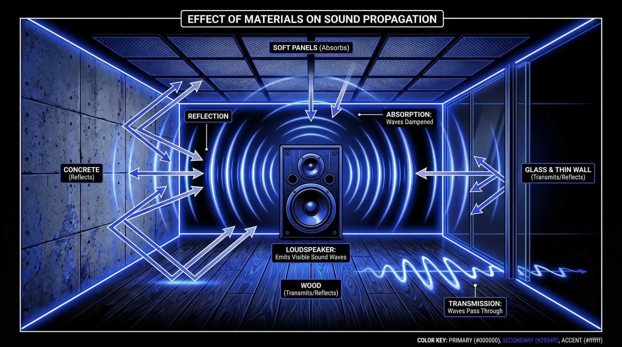 Infographic showing how concrete, wood, glass, thin walls, and acoustic panels affect sound reflection, absorption, and transmission in a room.