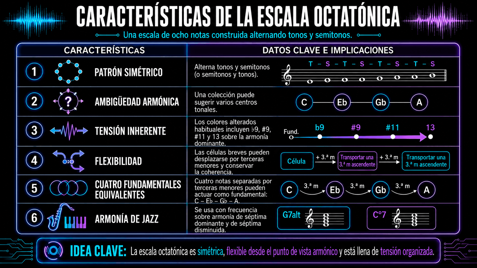Infografía mostrando características de la escala octatónica, incluyendo simetría, ambigüedad armónica, tensión alterada, flexibilidad, raíces iguales y armonía de jazz.