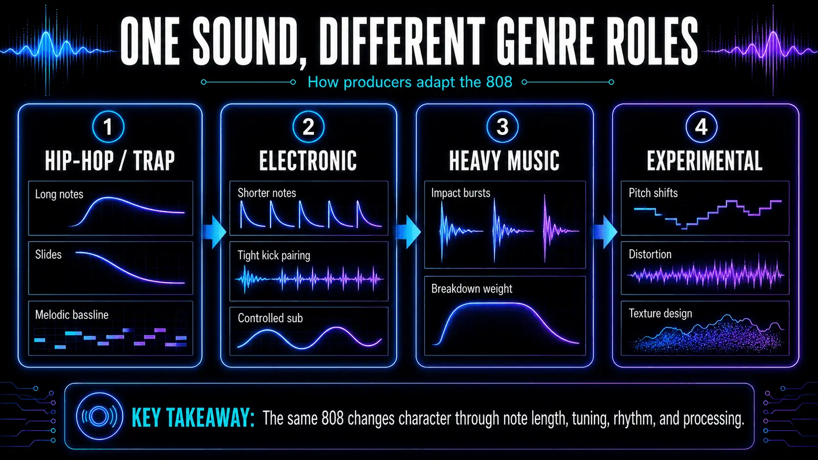 Infographic comparing 808 use in hip-hop, electronic, heavy, and experimental music through note length, rhythm, and processing.