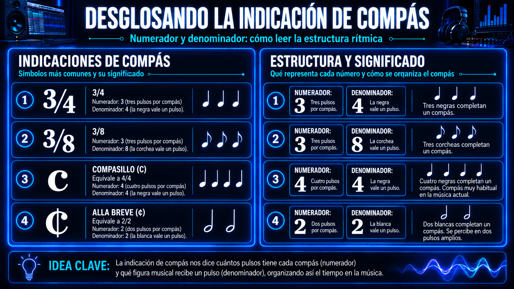 Infografía que explica numerador y denominador en 3/4, 3/8, compasillo y alla breve