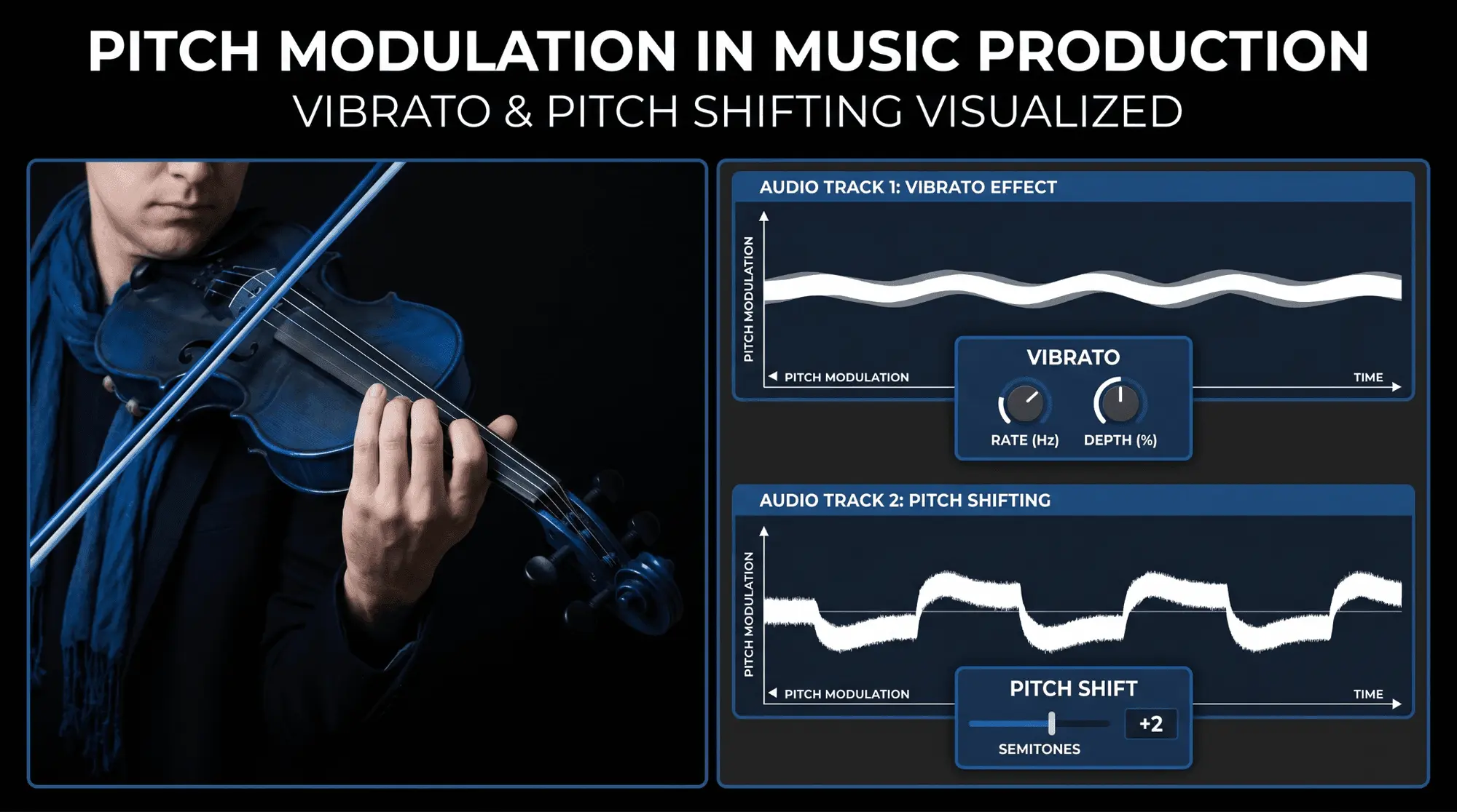 Infographic showing pitch modulation in music production, with a violin, vibrato waveform, and pitch shifting visualization over time.