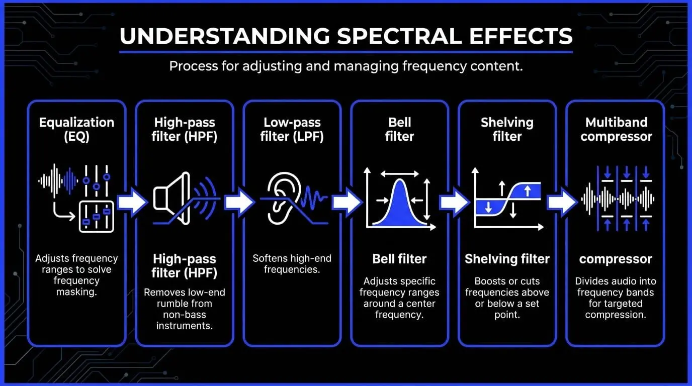 Infographic explaining spectral audio effects, including EQ, high-pass filters, low-pass filters, bell filters, shelving filters, and multiband compression.