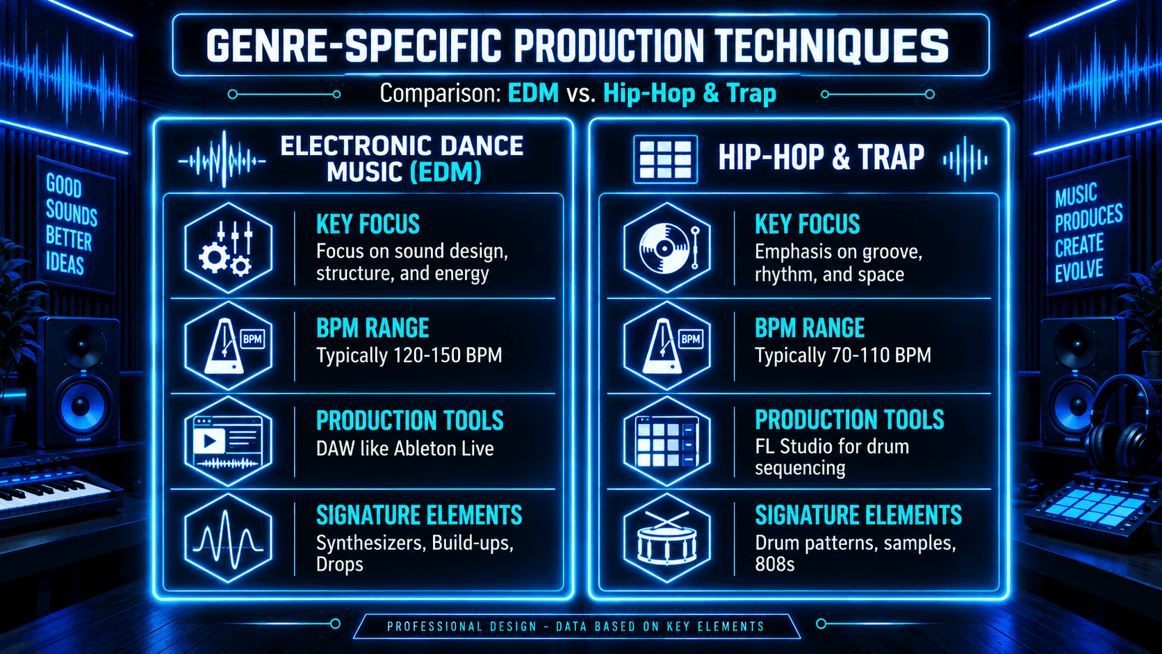 Infographic comparing EDM and hip-hop/trap production techniques, including focus, BPM range, tools, and signature elements.