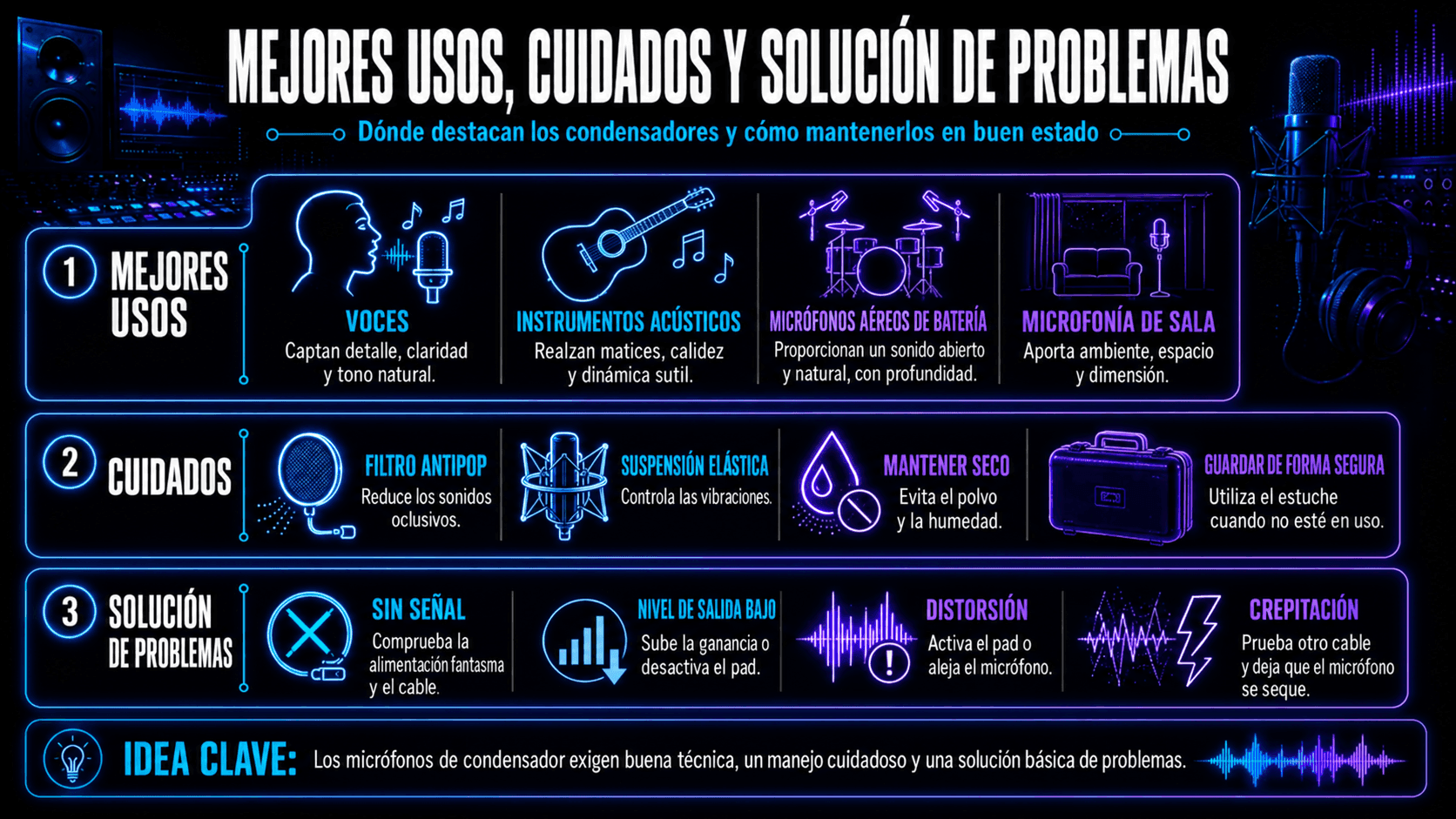 Infografía mostrando usos de micrófonos de condensador, consejos de mantenimiento y soluciones para sin señal, salida baja, distorsión y crepitación.
