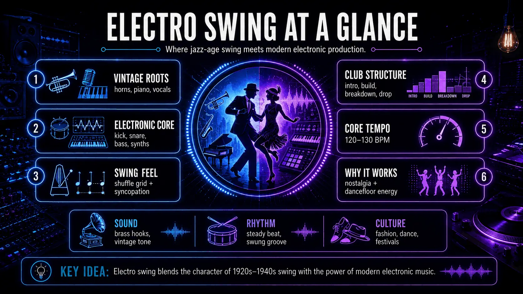 Electro swing overview showing vintage instruments, electronic beats, swing rhythm, club structure, tempo, sound, and culture.