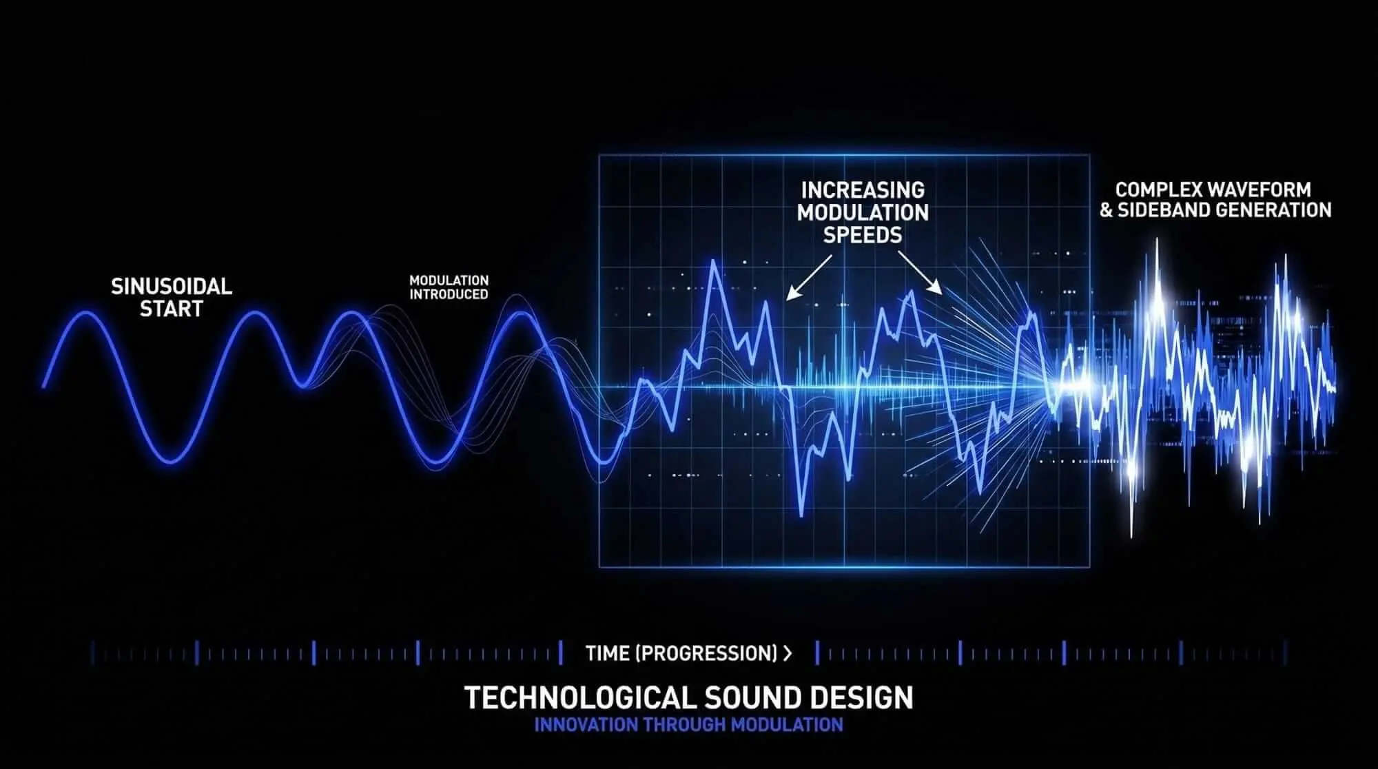 Sine wave progressing through faster modulation into a complex waveform with generated sidebands.
