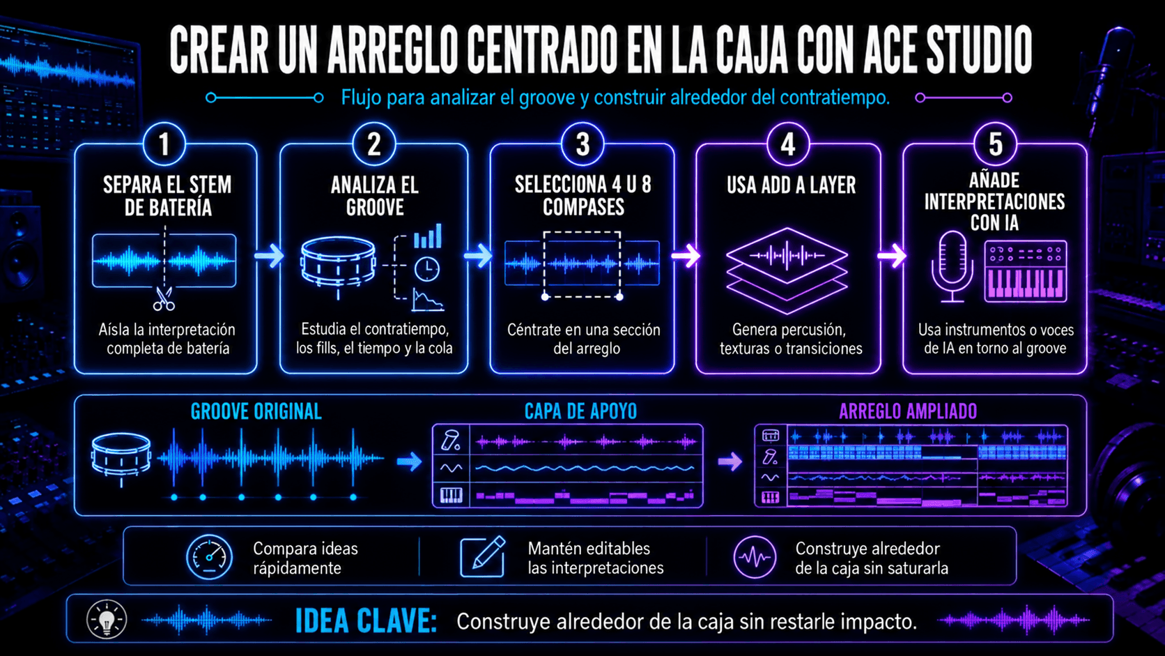 Infografía de ACE Studio mostrando cómo separar baterías, analizar un groove, seleccionar compases, agregar capas y crear interpretaciones AI.