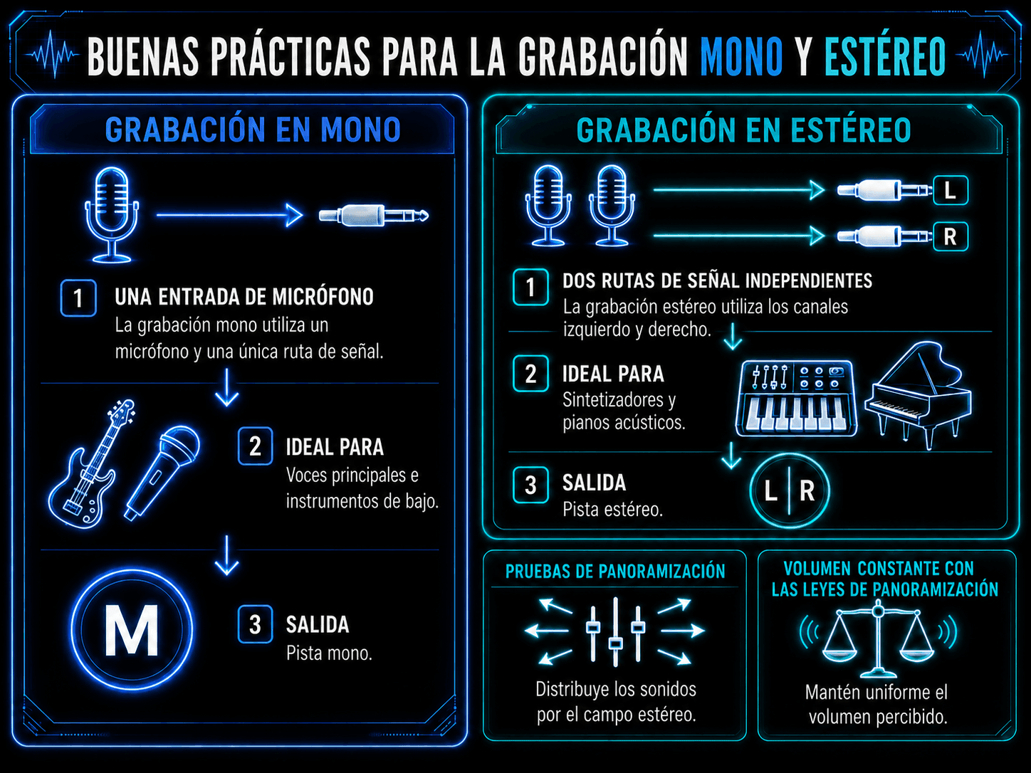 Infografía sobre grabación mono y estéreo, entradas de micrófono, instrumentos, panoramización y volumen.