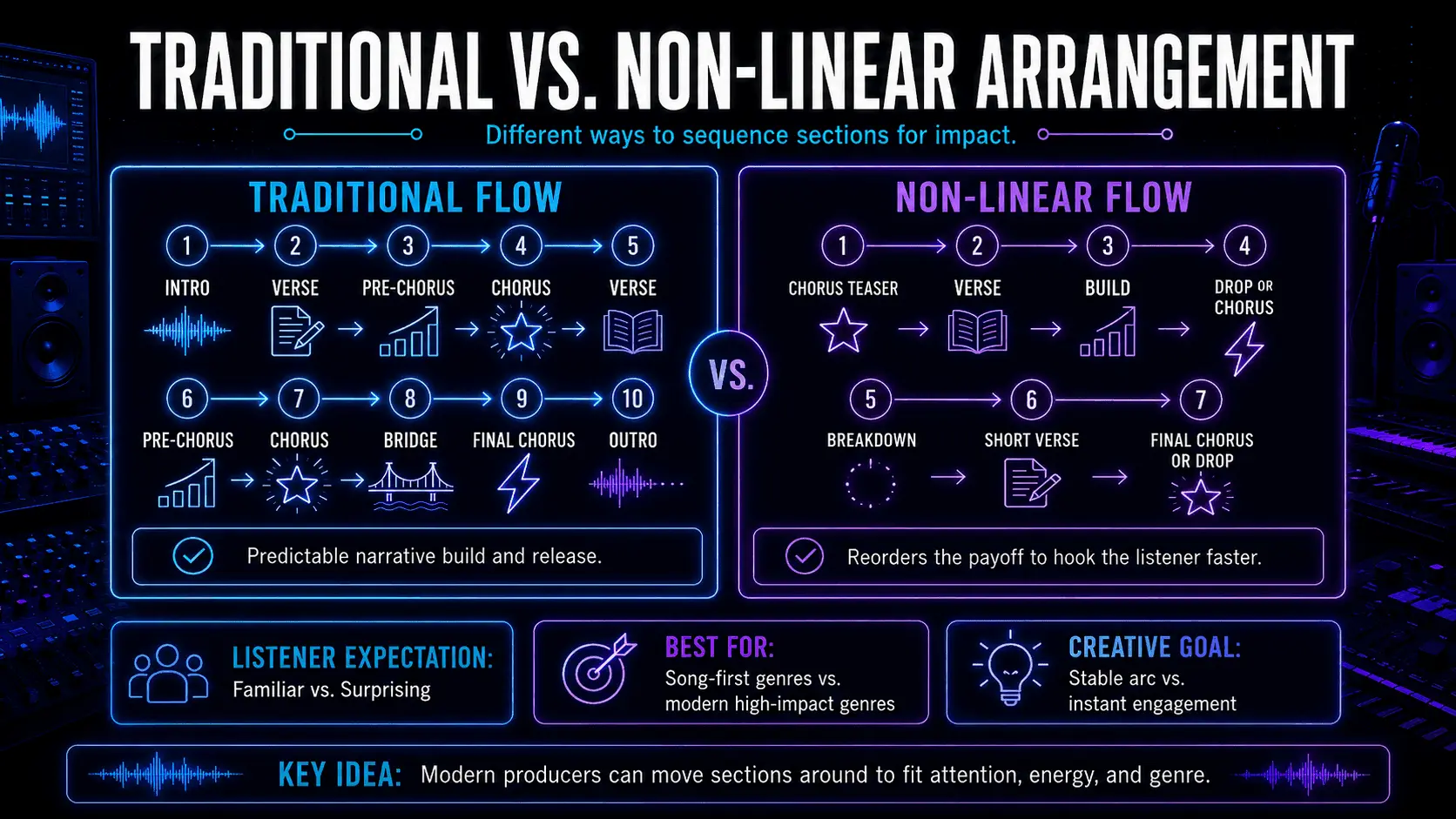 Infographic comparing a traditional verse-chorus arrangement with a non-linear structure that begins with a chorus teaser.