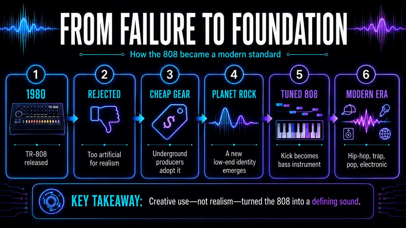 Timeline tracing the TR-808 from its 1980 release and early rejection to underground adoption and modern music influence.