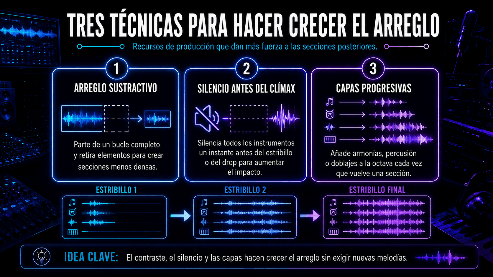Infografía que explica el arreglo sustractivo, el beat silenciado y la superposición progresiva a través de múltiples coros.