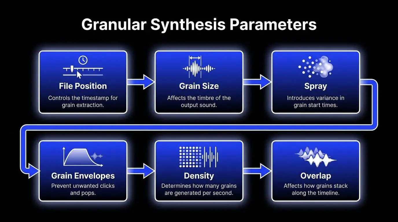 Infographic showing granular synthesis parameters: file position, grain size, spray, grain envelopes, density, and overlap.