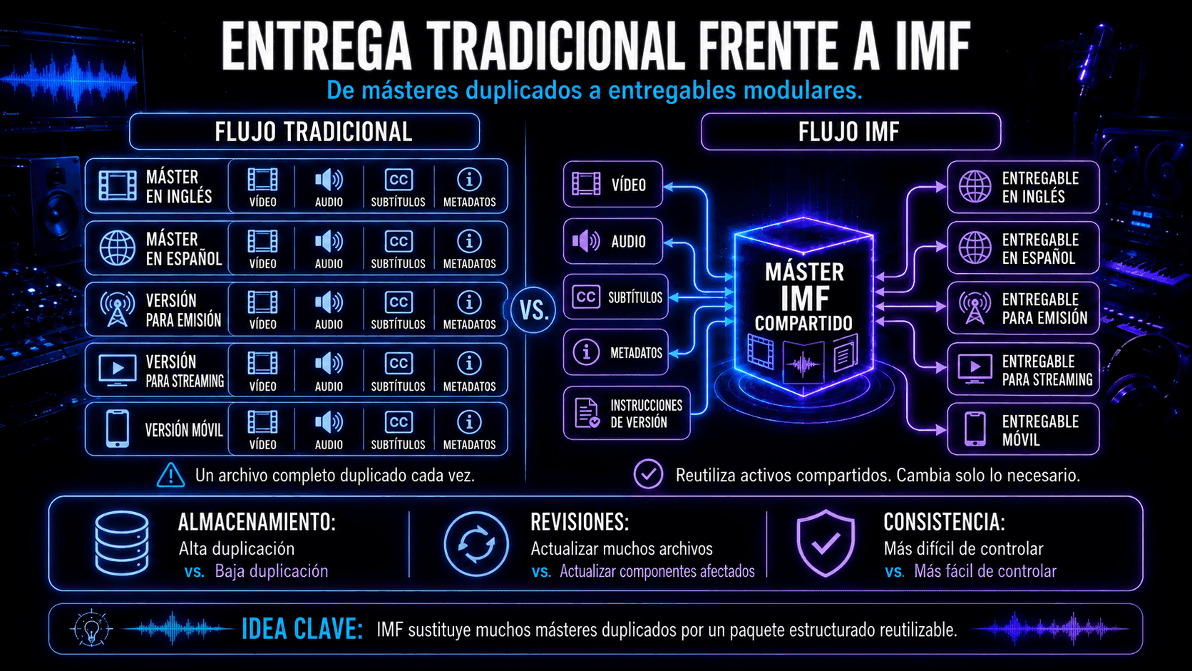 Comparación de maestros de medios duplicados tradicionales y un maestro IMF compartido con entregables modulares