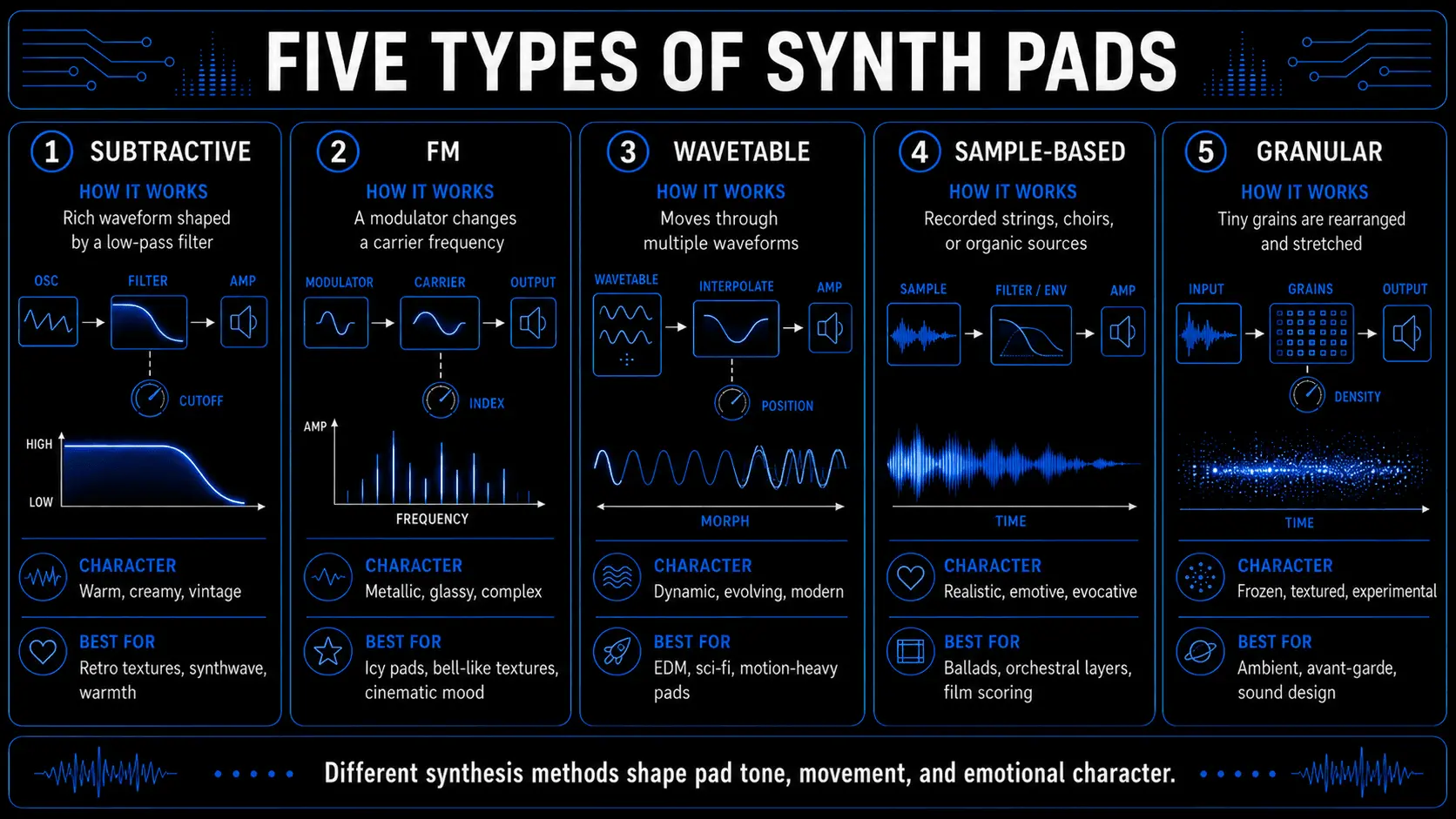 Infographic comparing subtractive, FM, wavetable, sample-based, and granular synth pads by process, sound character, and best uses.