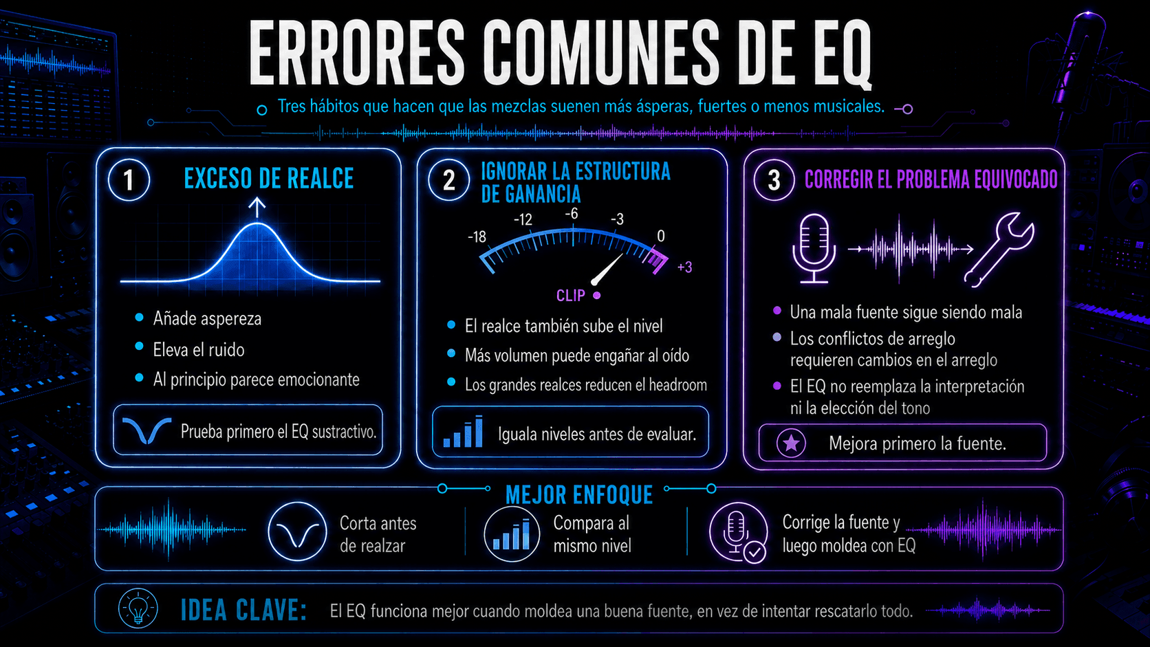 Infografía explicando el exceso de realce, mala ganancia por etapas, y usar EQ para arreglar problemas de fuente o arreglo.