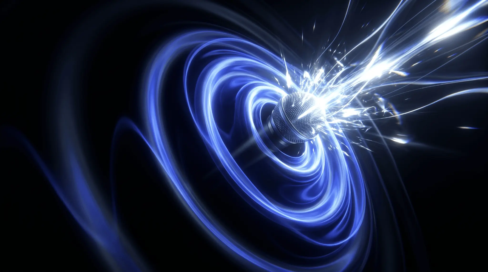 Abstract image of a microphone surrounded by blue sound waves and bright light trails representing directional sound pickup and acoustic energy.