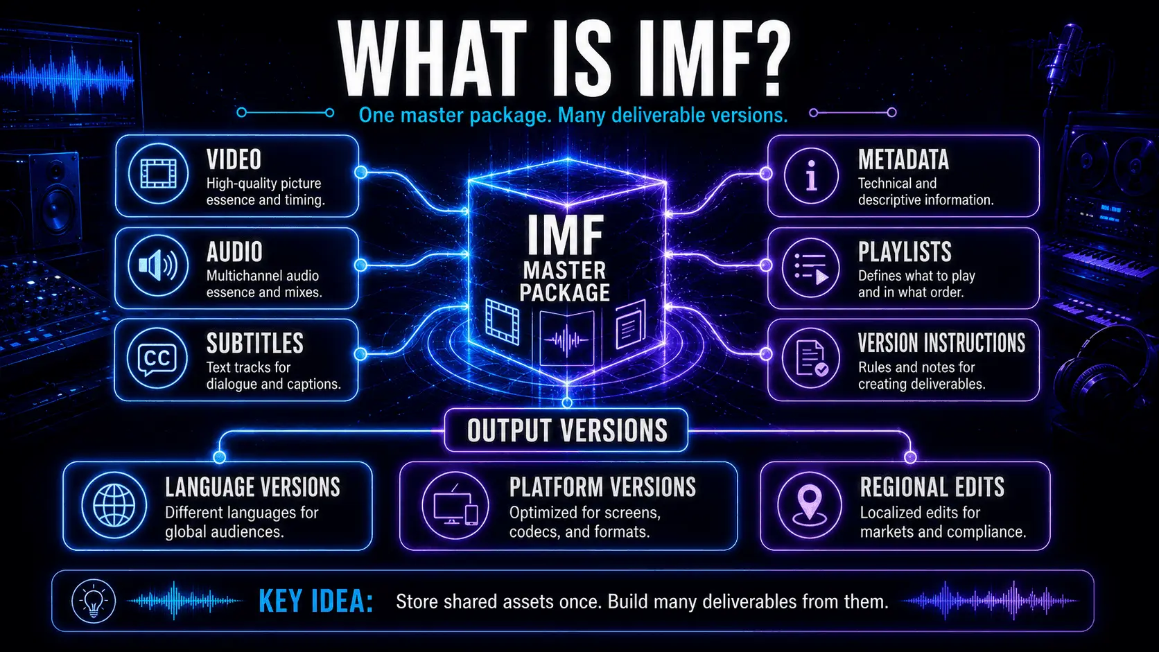 IMF master package containing video, audio, subtitles, metadata, playlists, and version instructions