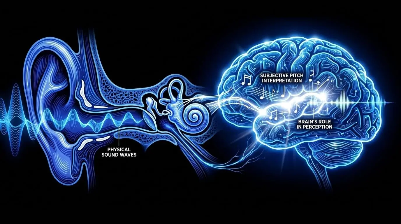 Infographic showing sound waves entering the ear and being interpreted by the brain as subjective musical pitch.