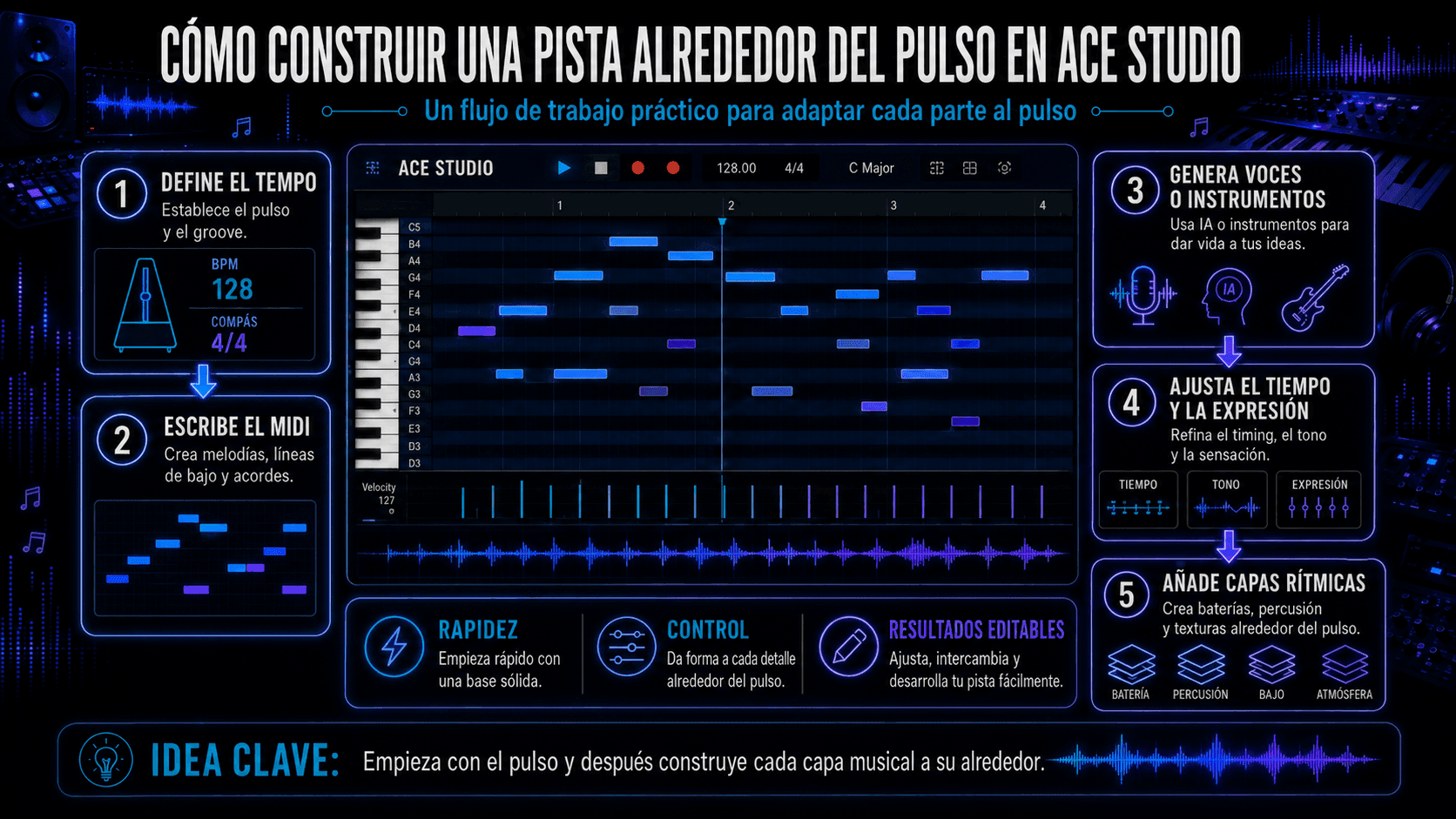 Infografía de características de ACE Studio 2.0 que muestra Separador de Pistas, Audio a MIDI, Instrumentos AI, Voces AI, Inspírame y Añadir una Capa.