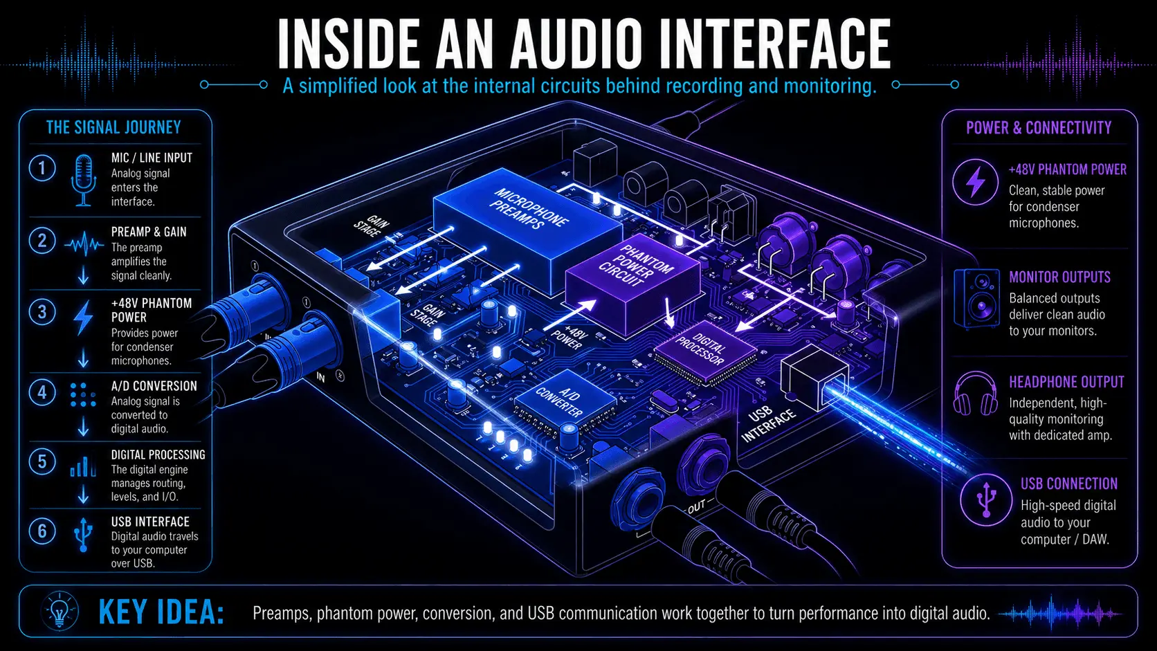 Cutaway diagram of an audio interface showing microphone preamps, phantom power, A/D conversion, digital processing, USB, and outputs.