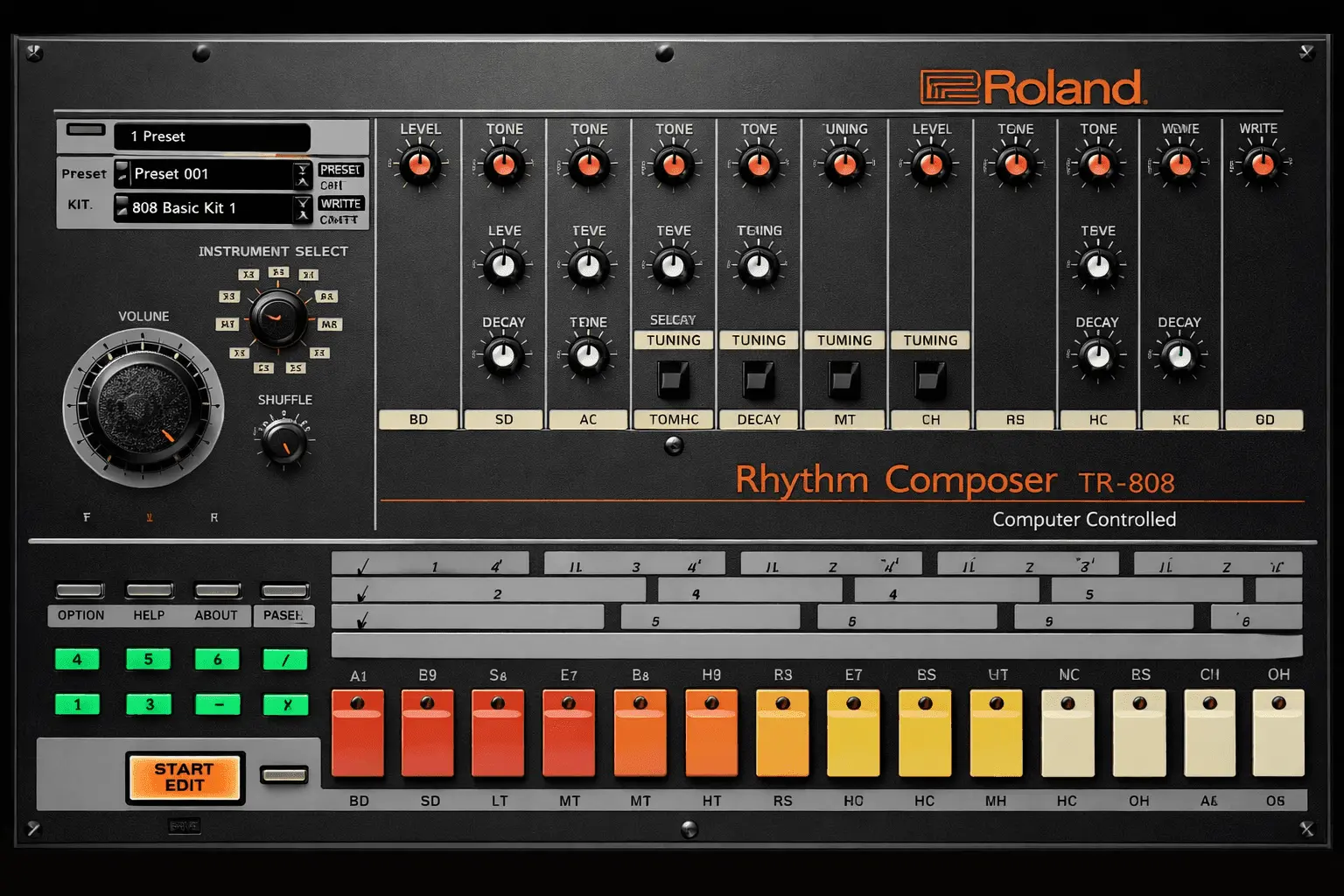 Roland TR-808-style rhythm composer interface with drum controls, tuning knobs, decay settings, and step sequencer buttons.