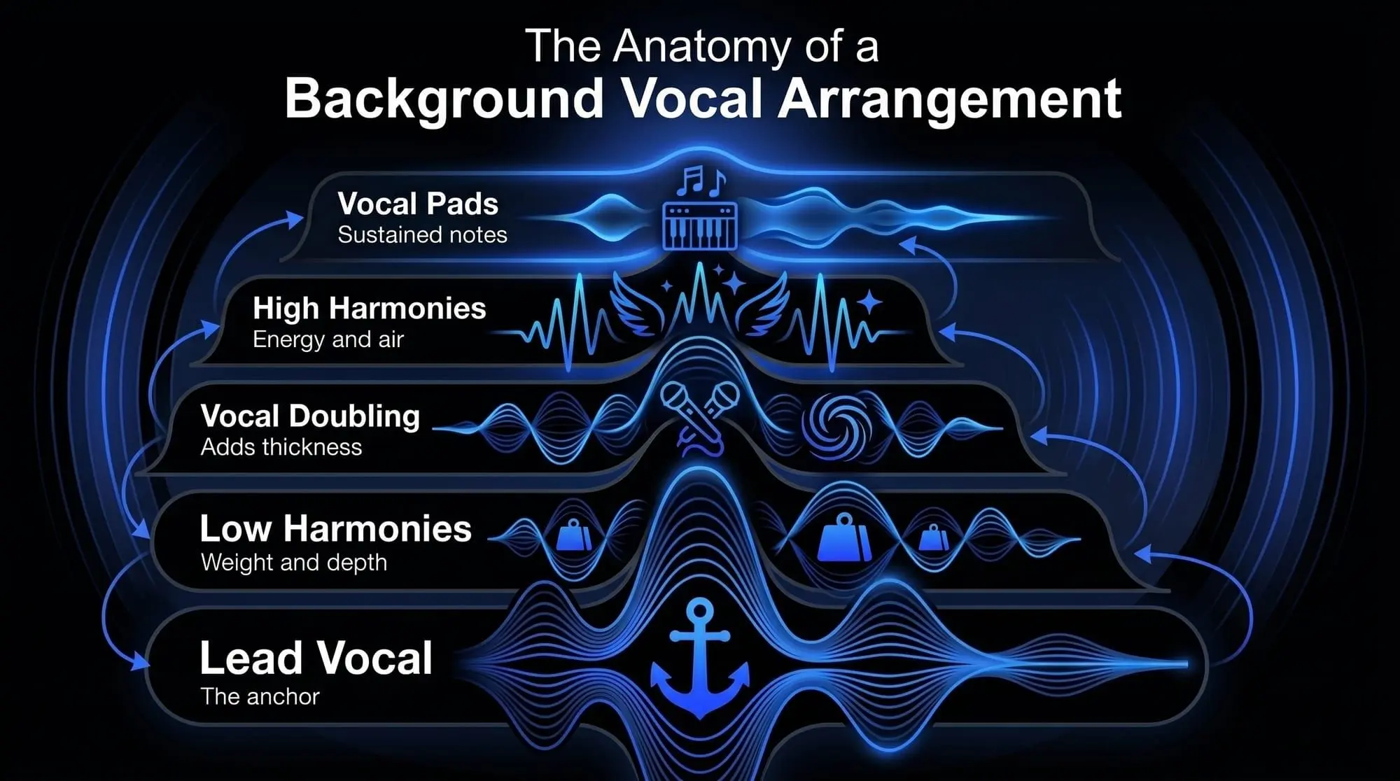 Infographic showing the structure of a background vocal arrangement, including lead vocal, low harmonies, vocal doubling, high harmonies, and vocal pads.