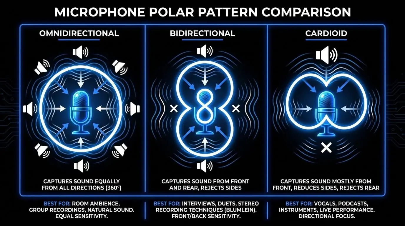 Infographic comparing omnidirectional, bidirectional, and cardioid microphone polar patterns, showing pickup direction, side rejection, rear rejection, and best recording uses.