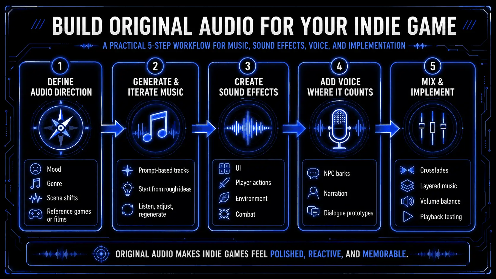 Infographic showing a five-step workflow for creating original indie game audio with AI, including audio direction, music generation, sound effects, voice, and mixing.