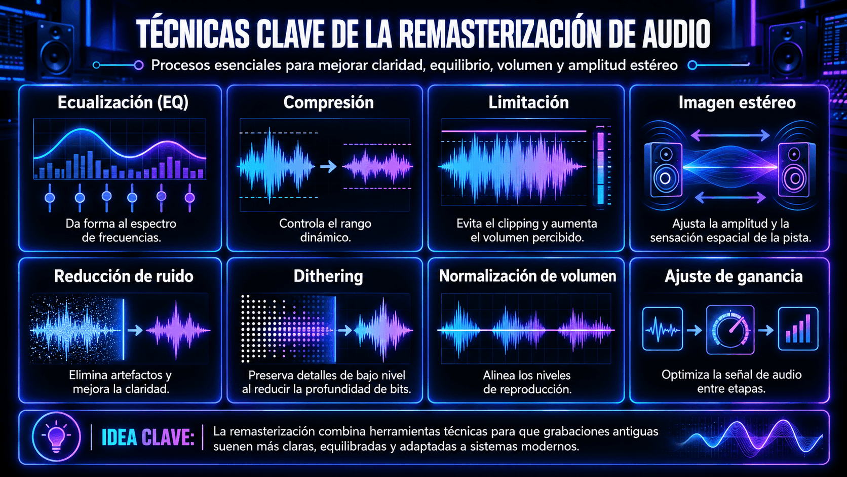 Infografía mostrando técnicas de remasterización de audio incluyendo EQ, compresión, limitación, imagen estéreo, reducción de ruido, dithering, normalización de volumen y gain staging.