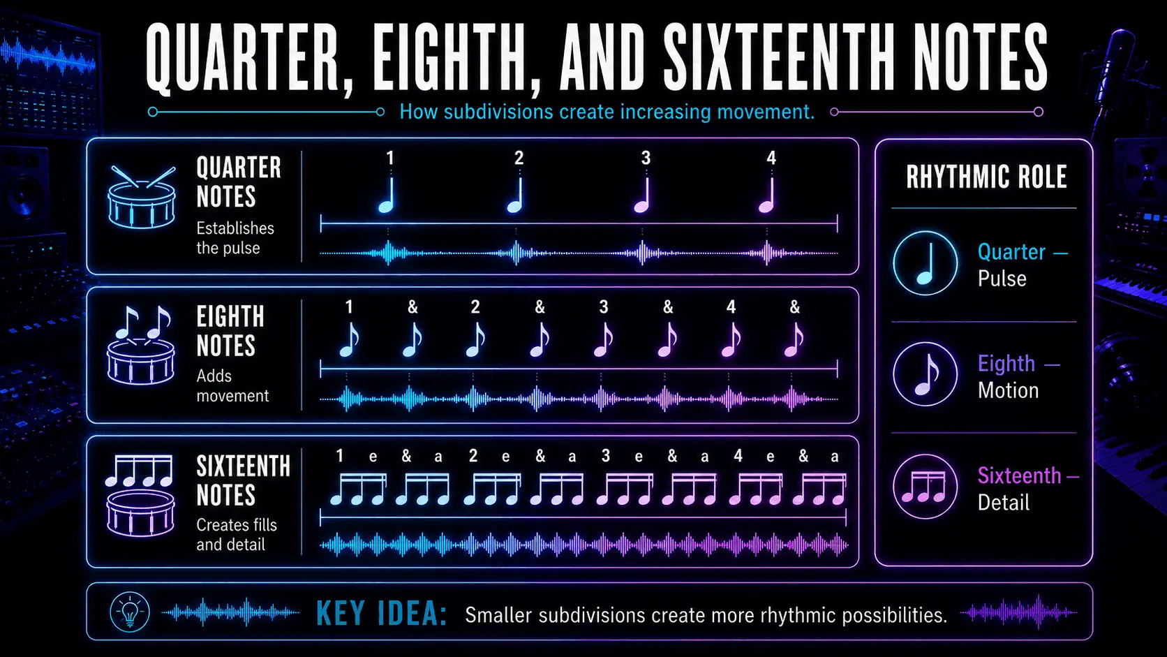 Infographic comparing quarter, eighth, and sixteenth notes with counting patterns, waveforms, and rhythmic roles.