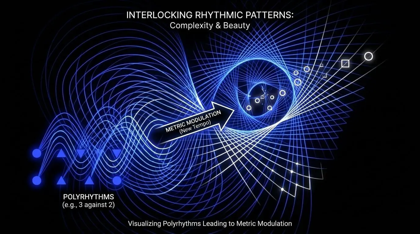 Abstract infographic showing polyrhythms, such as three against two, leading into metric modulation and a new perceived tempo.