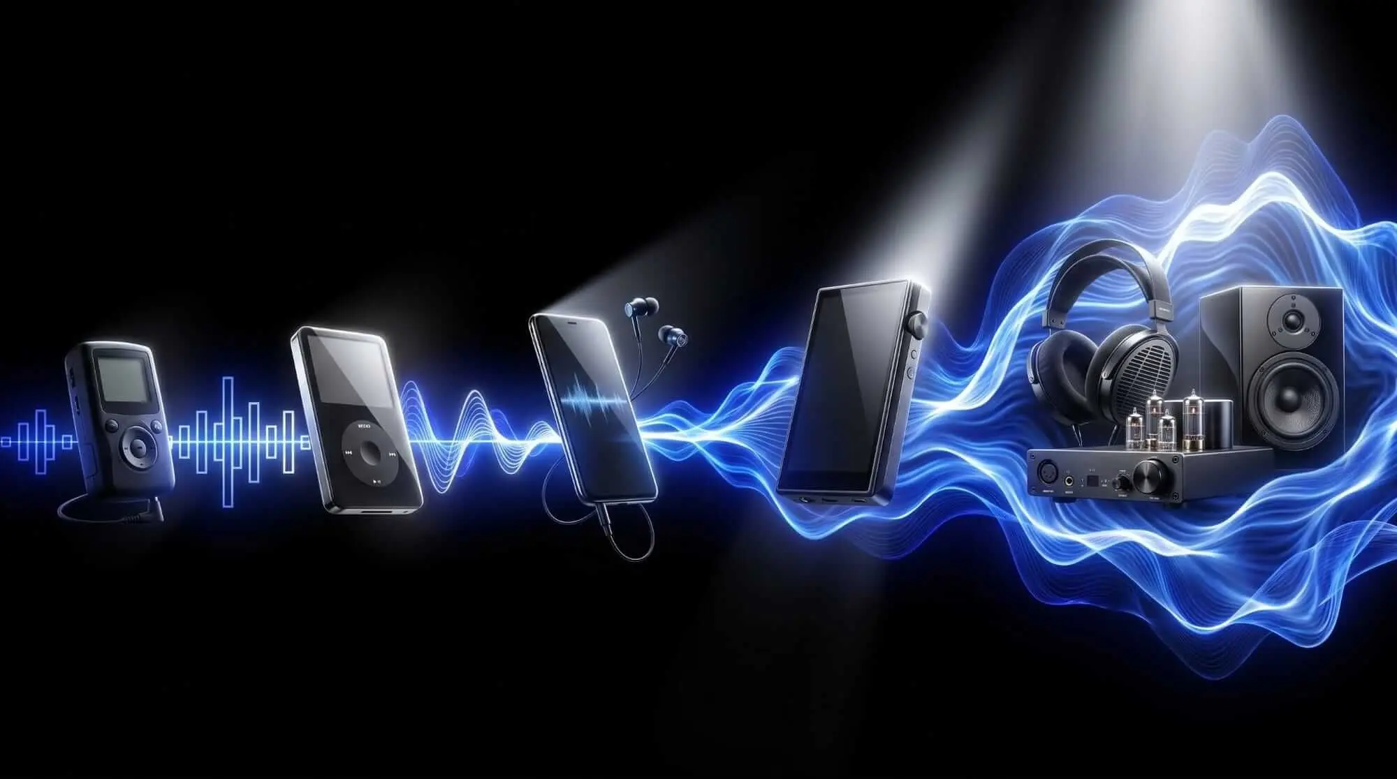 Evolution of MP3 playback devices from early portable players and smartphones to headphones and studio speakers