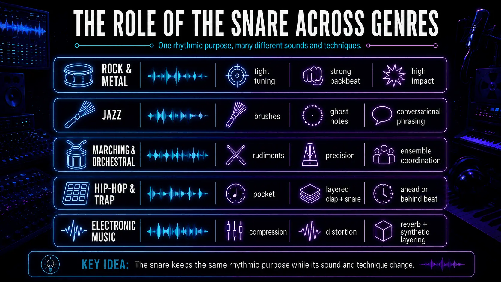 Infographic showing the role of the snare in rock, jazz, orchestral music, hip-hop, trap, and electronic production.