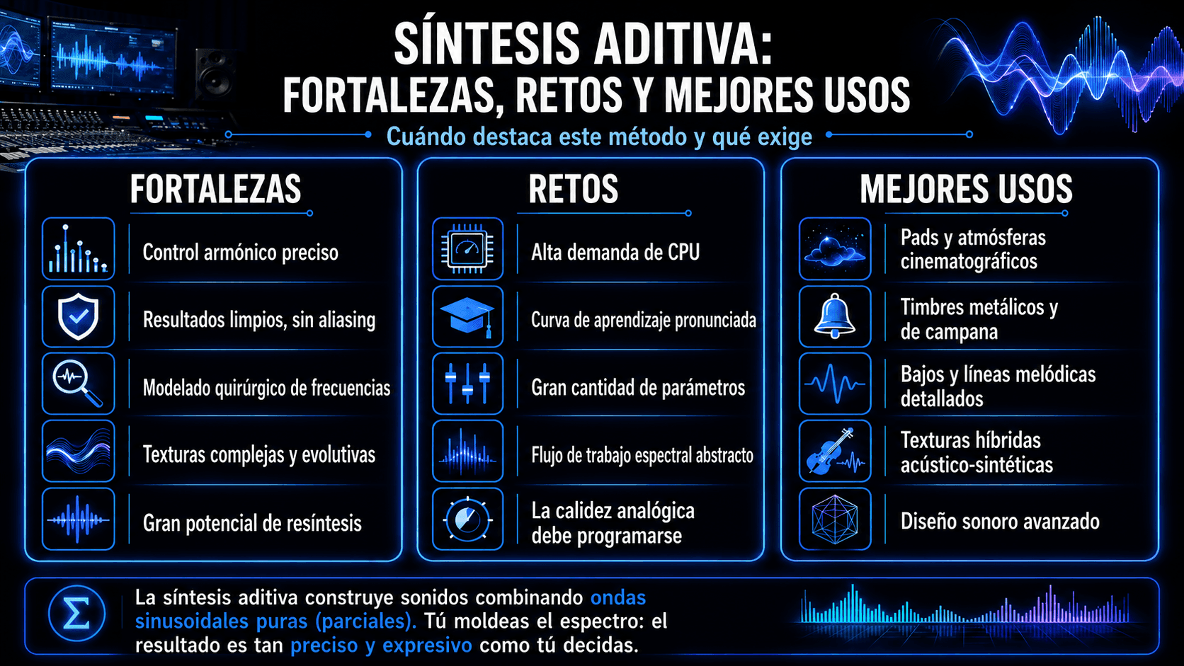 Resumen de las fortalezas de la síntesis aditiva, desafíos de CPU y flujo de trabajo, y usos incluyendo pads cinemáticos, campanas, bajos, leads y texturas híbridas.