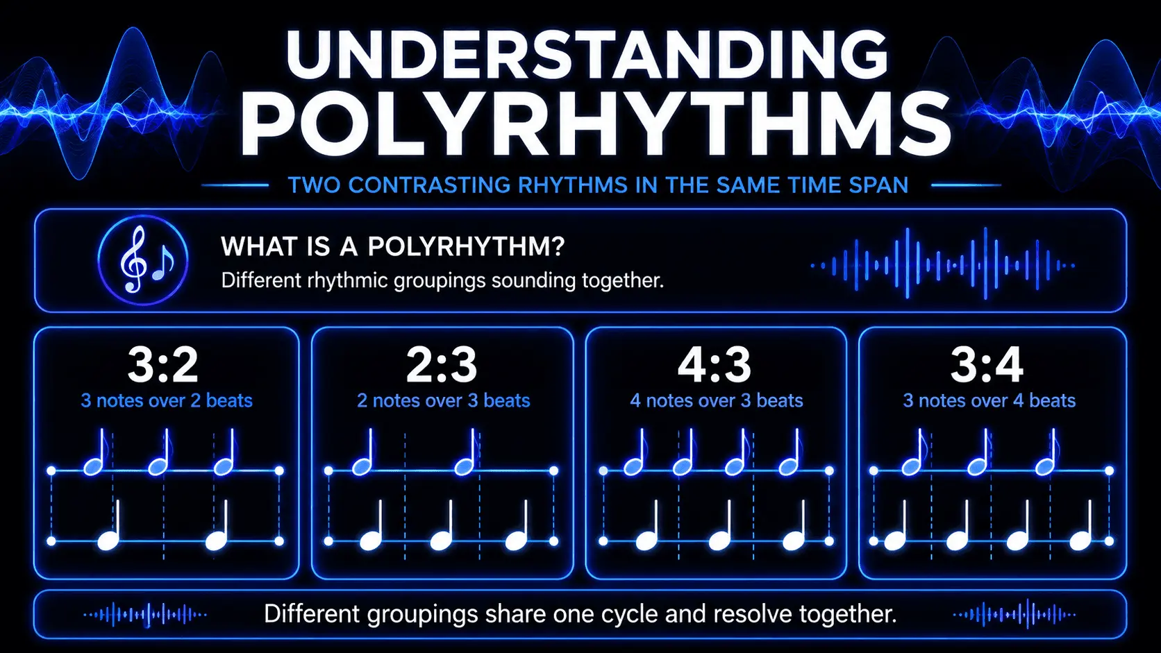 Infographic explaining 3:2, 2:3, 4:3, and 3:4 polyrhythms with notation and ratio breakdowns.