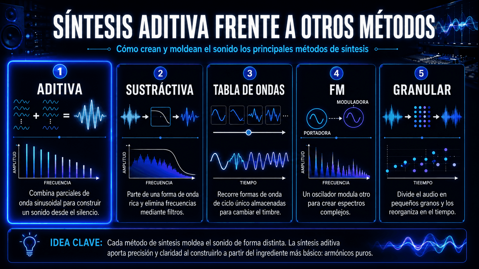 Comparación de los métodos de síntesis aditiva, sustractiva, wavetable, FM y granular y cómo cada uno crea o moldea el sonido.