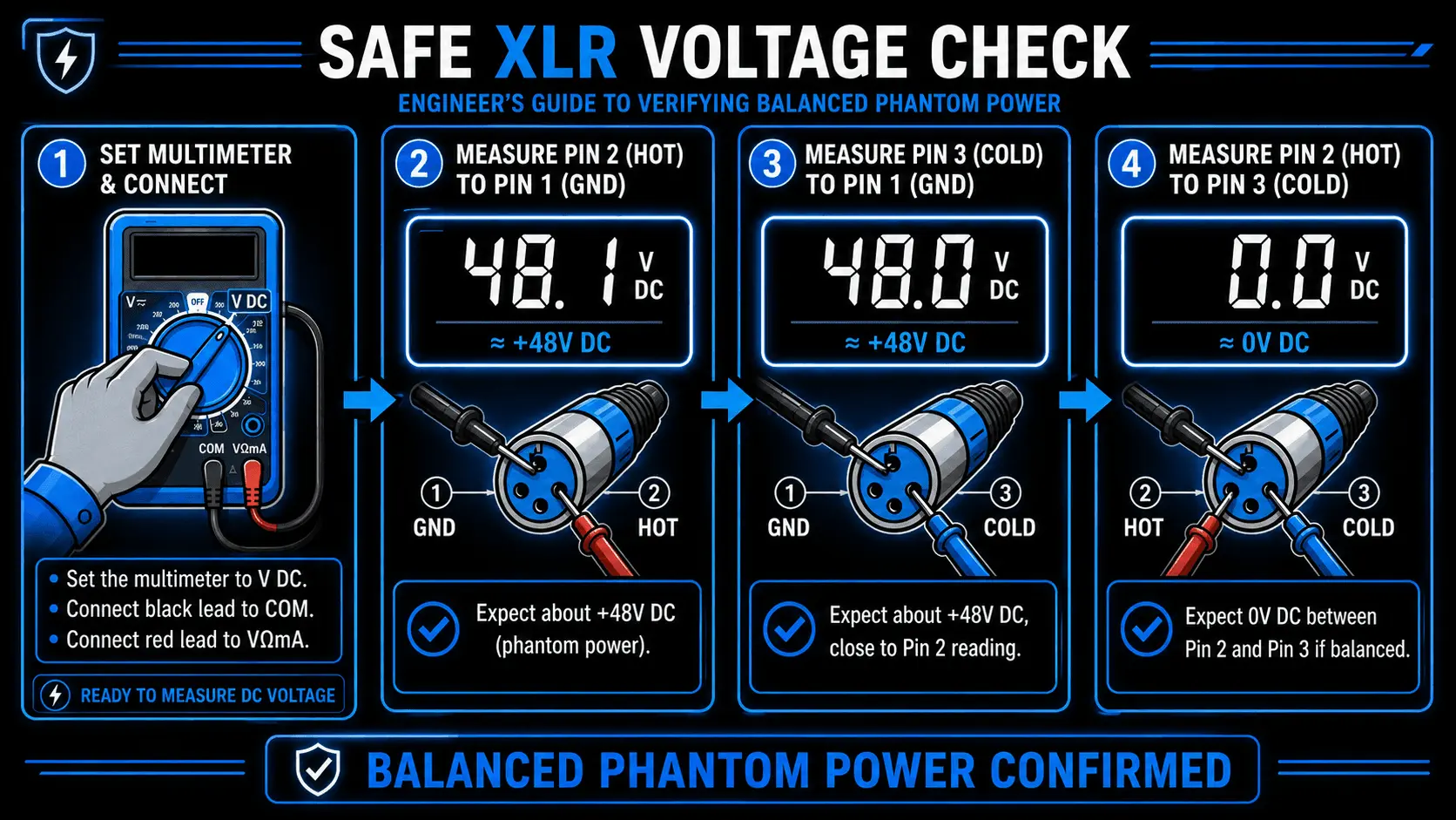 Infographic showing how to verify safe XLR phantom power with a multimeter by checking Pin 2 to ground, Pin 3 to ground, and balance between Pin 2 and Pin 3.