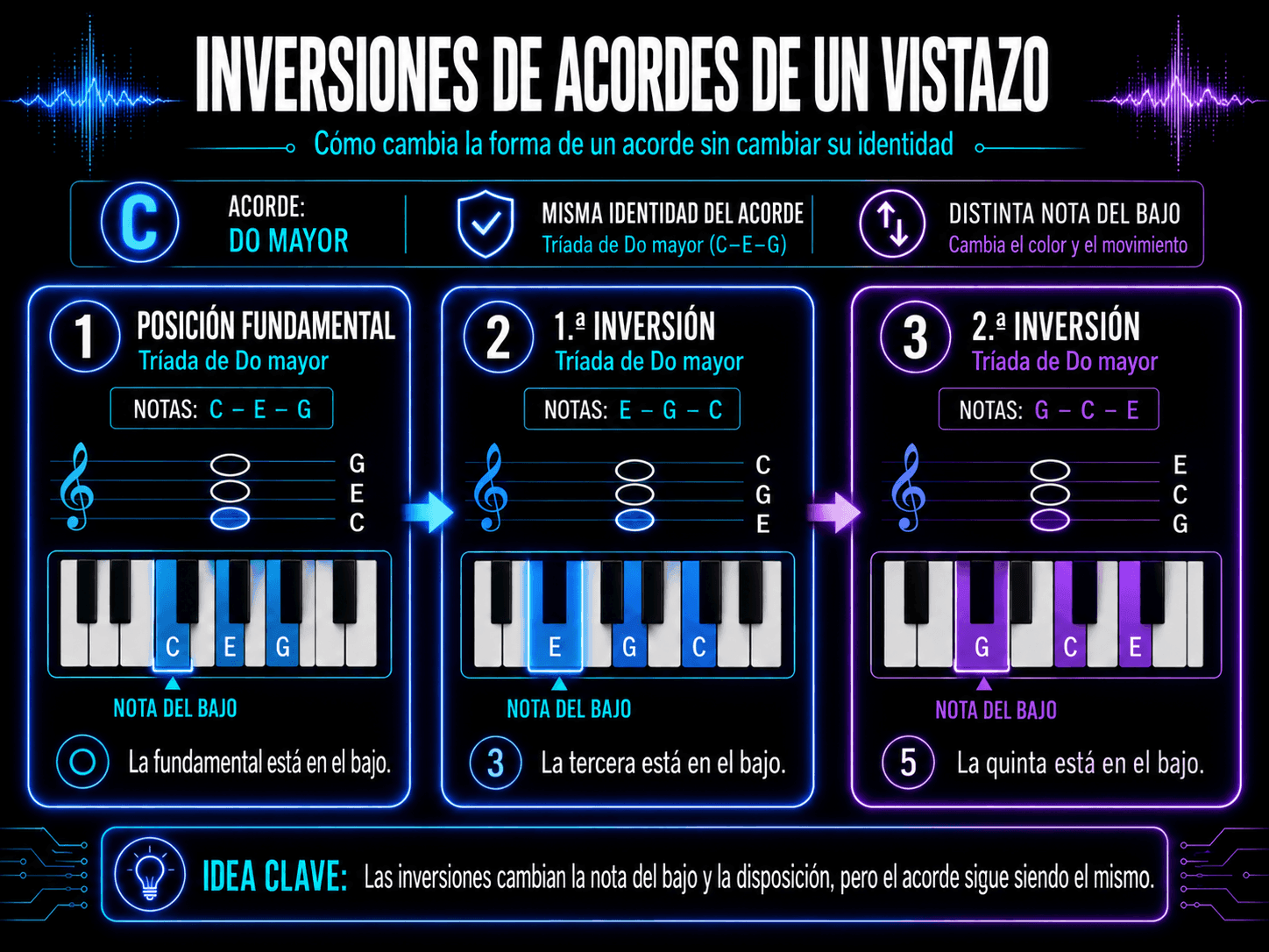 C major chord shown in root position, first inversion, and second inversion using notation and highlighted piano keys.